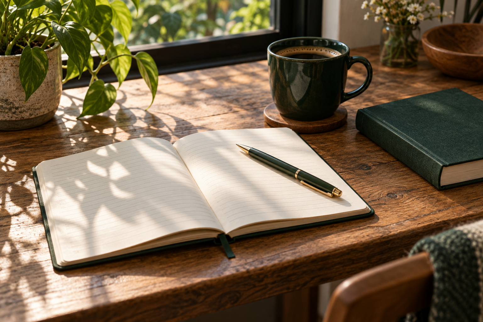 Agenda aberta com caneta, café e um livro à luz da manhã: um momento para planejar com propósito.